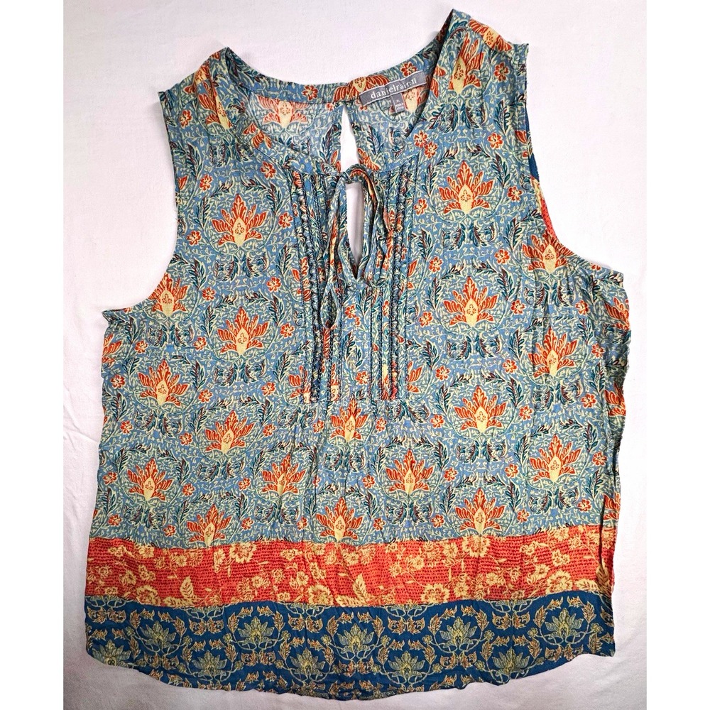 Daniel Rainn Women's Blue Orange Beige Floral Keyhole Tie Neck Blouse XL